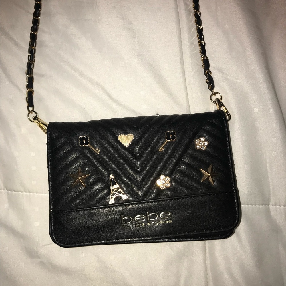 Bebe Black Crossbody Bag with Gold Accents